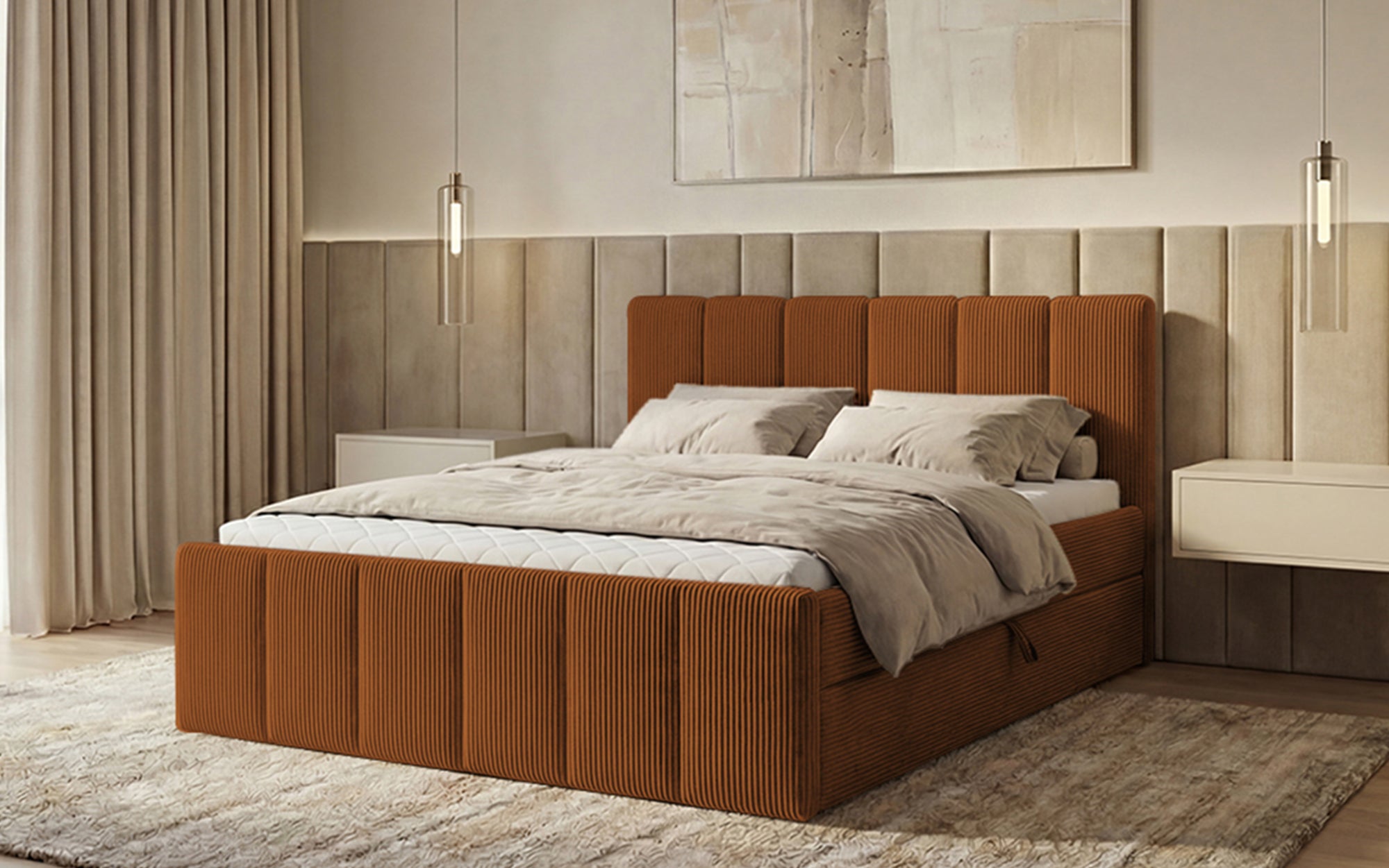 Siena box spring bed with lift-up storage in Corduroy