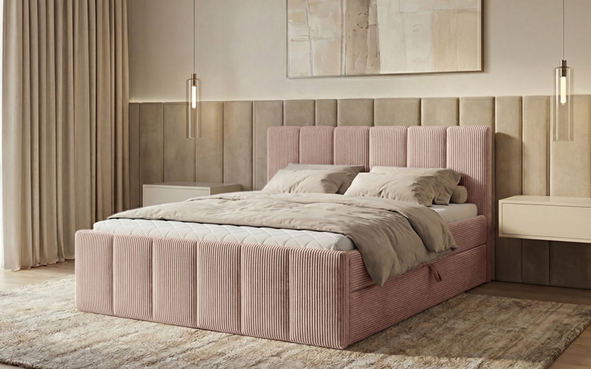 Siena box spring bed with lift-up storage in Corduroy