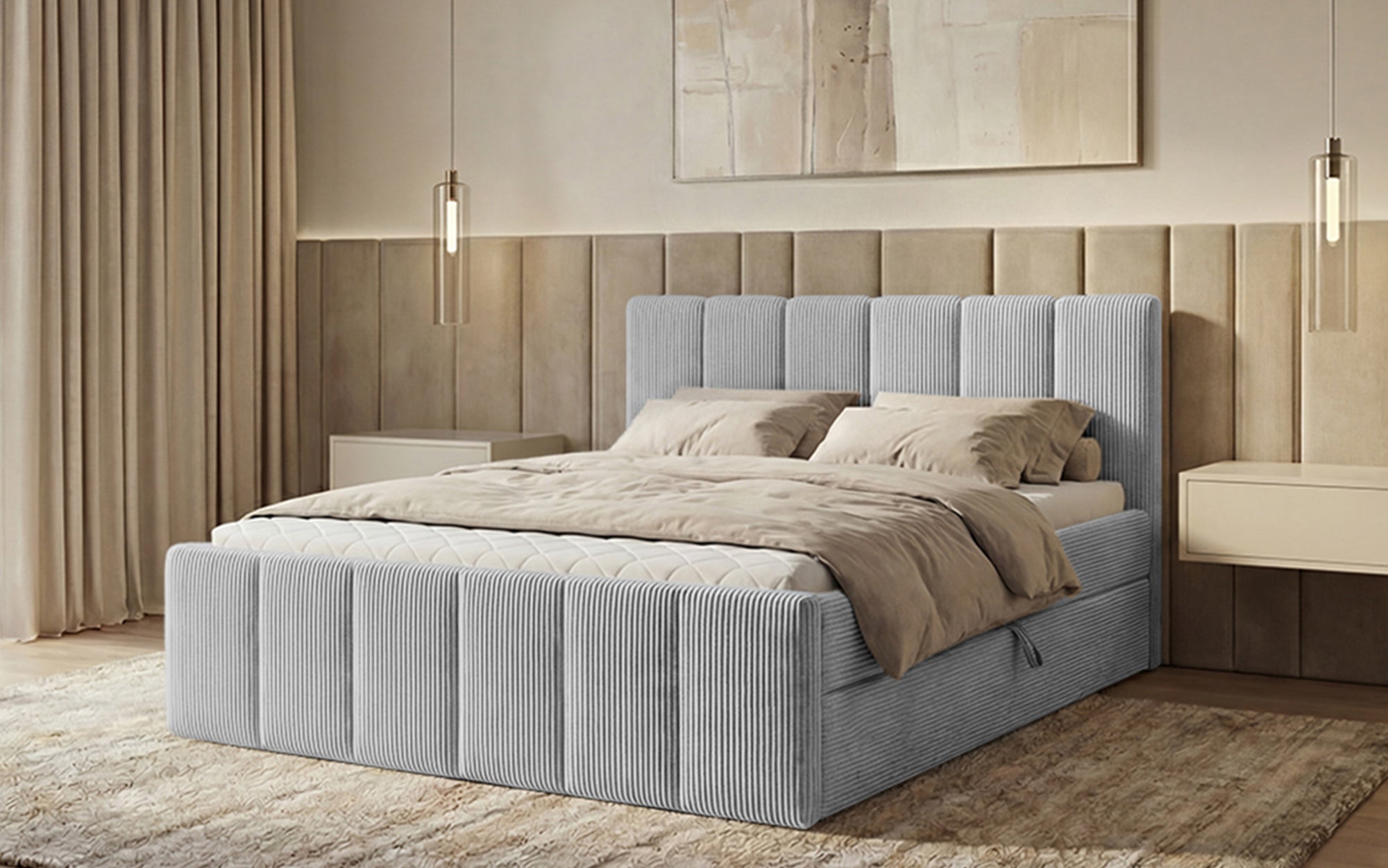 Siena box spring bed with lift-up storage in Corduroy