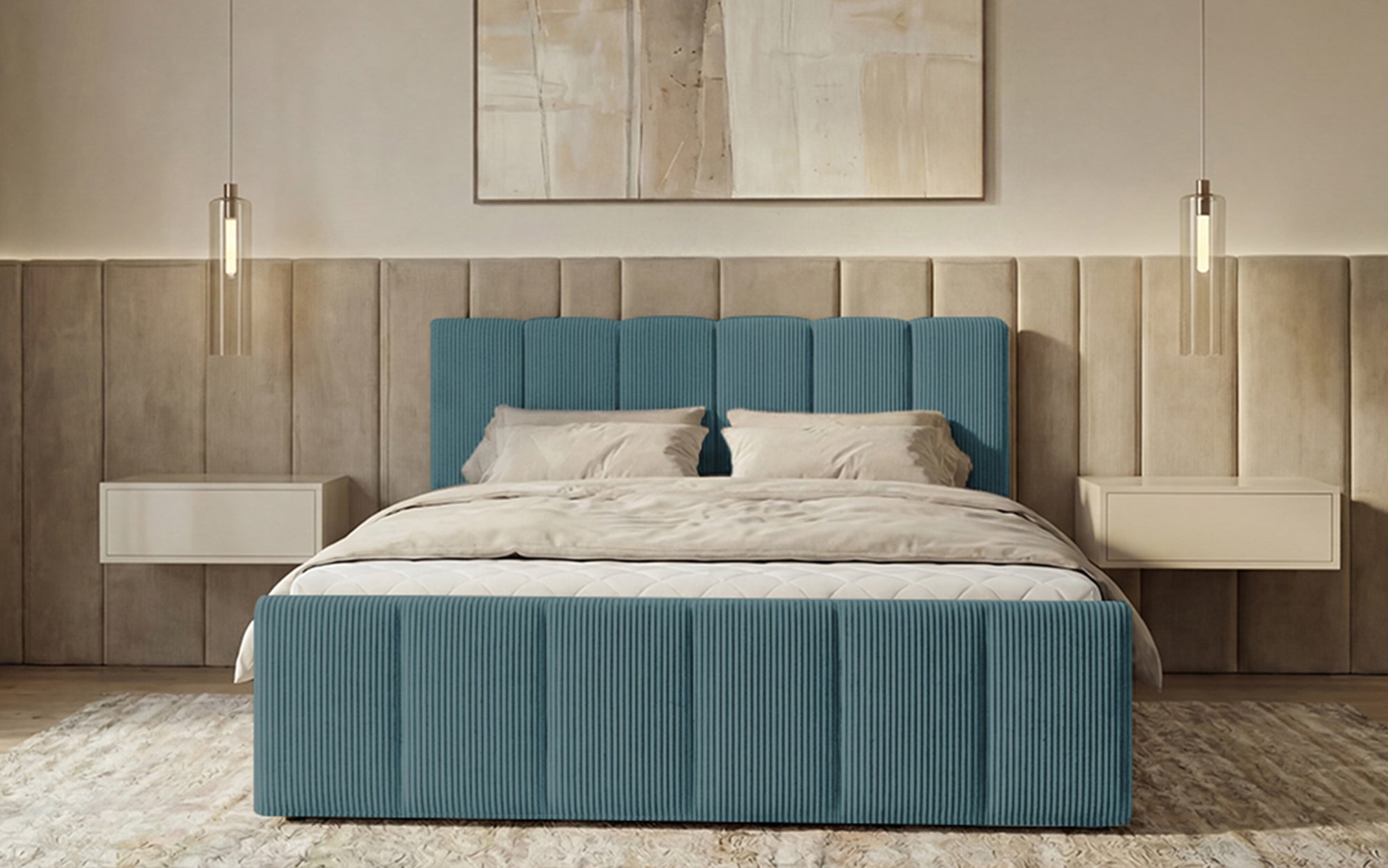 Siena box spring bed with lift-up storage in Corduroy