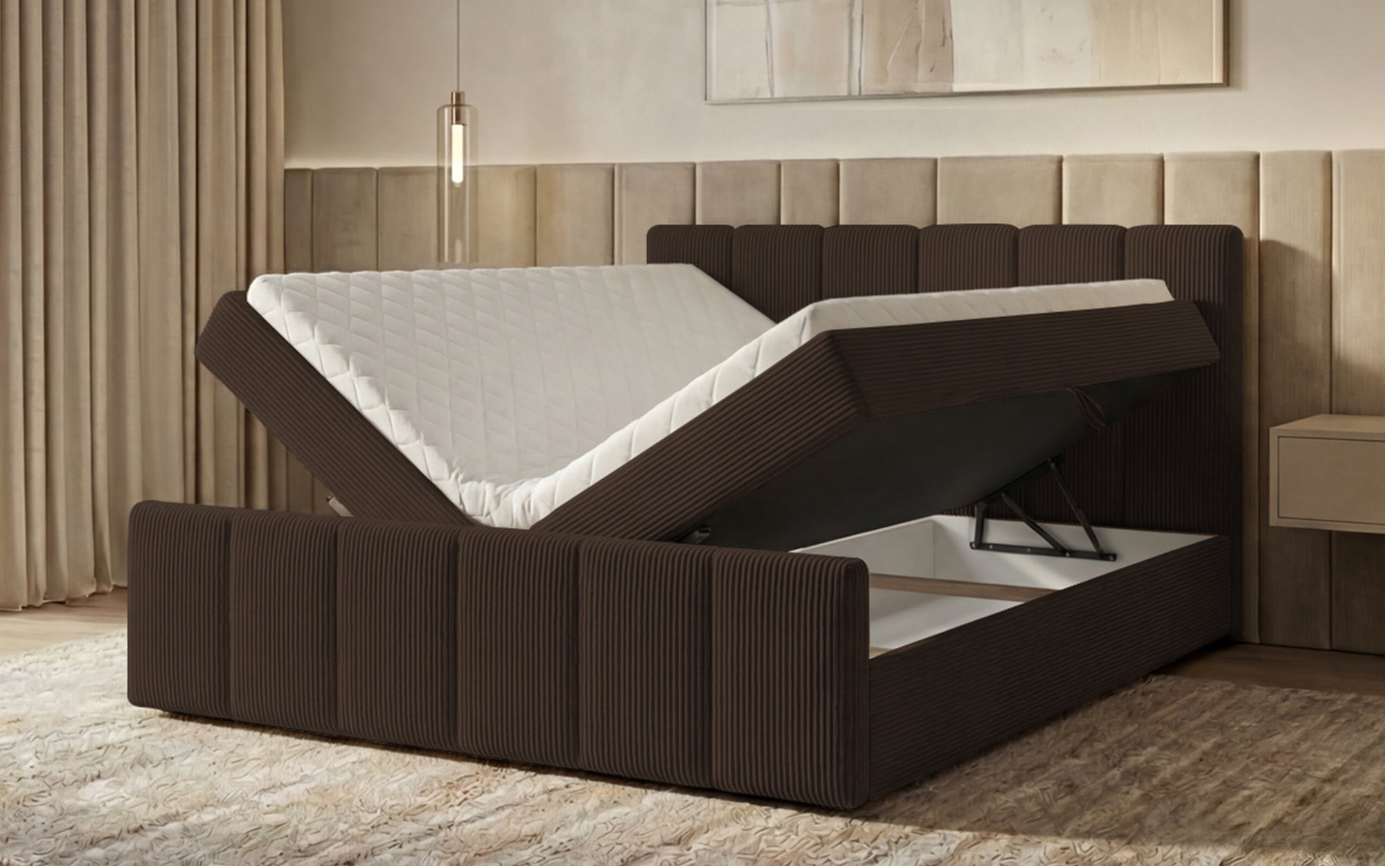 Siena box spring bed with lift-up storage in Corduroy