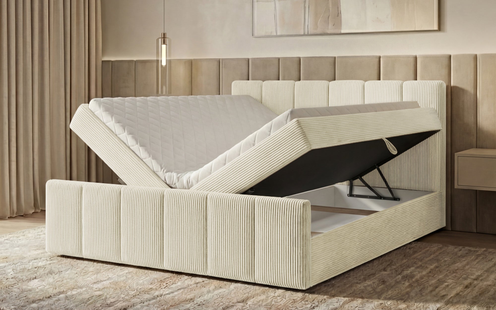 Siena box spring bed with lift-up storage in Corduroy