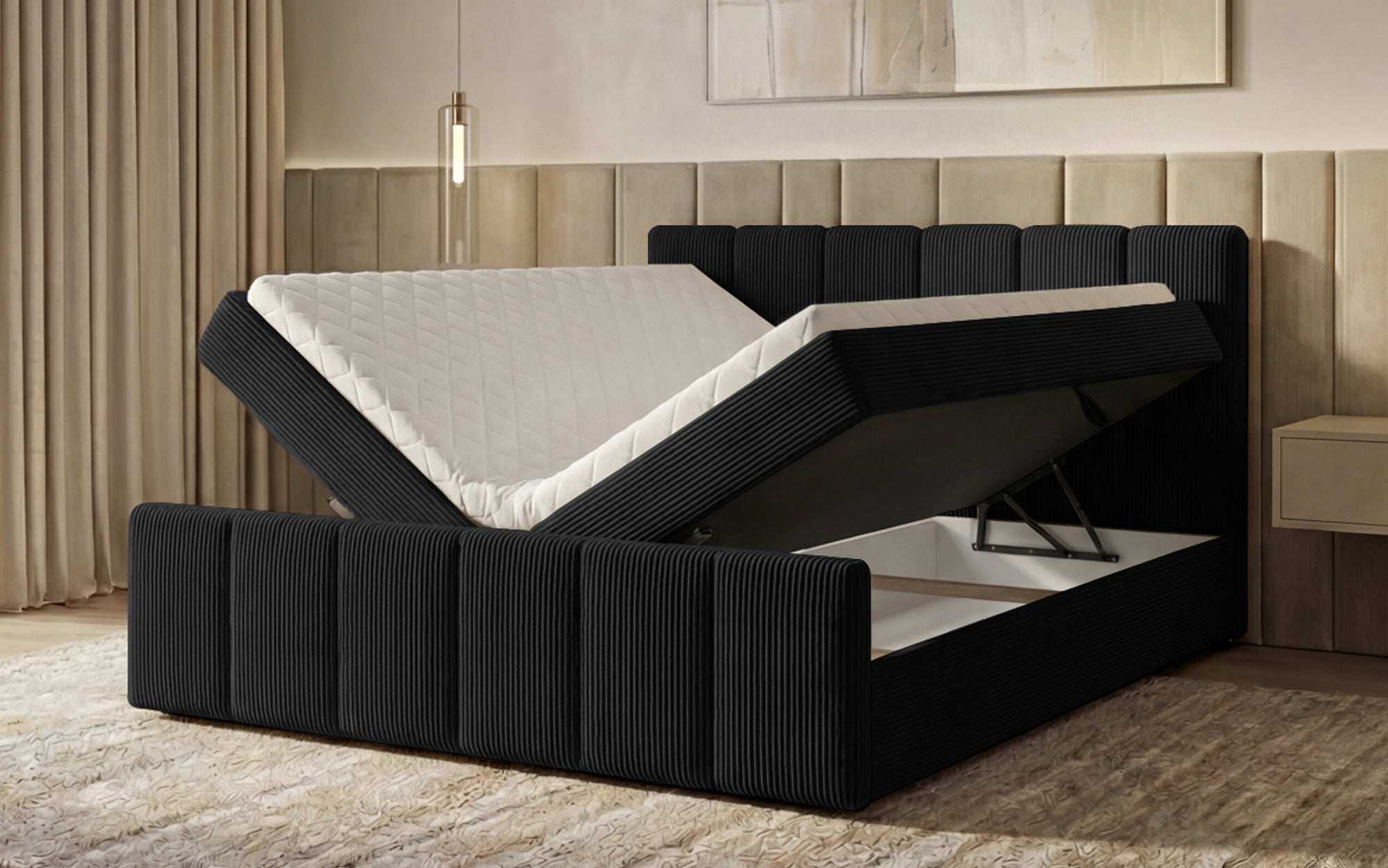Siena box spring bed with lift-up storage in Corduroy