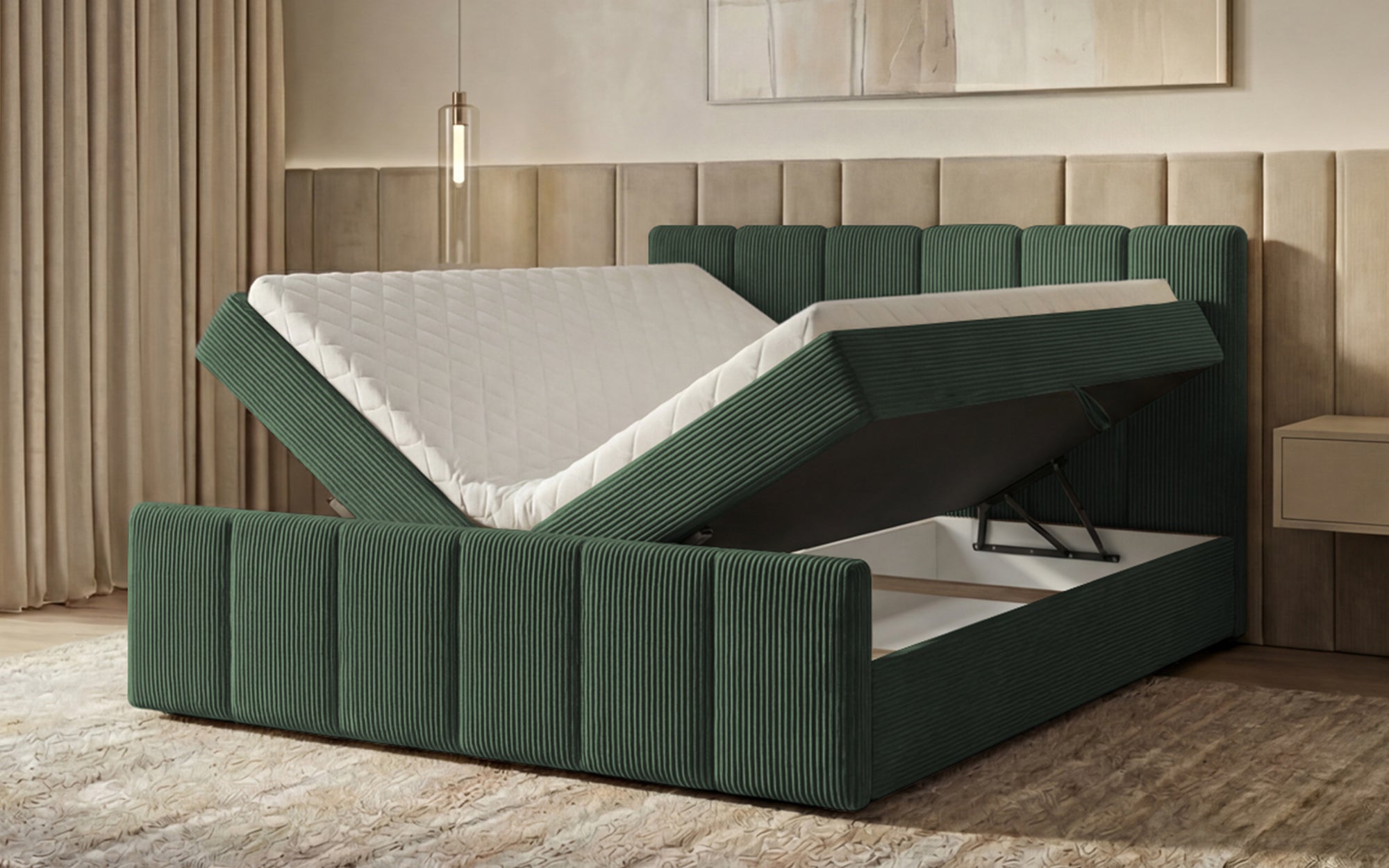 Siena box spring bed with lift-up storage in Corduroy