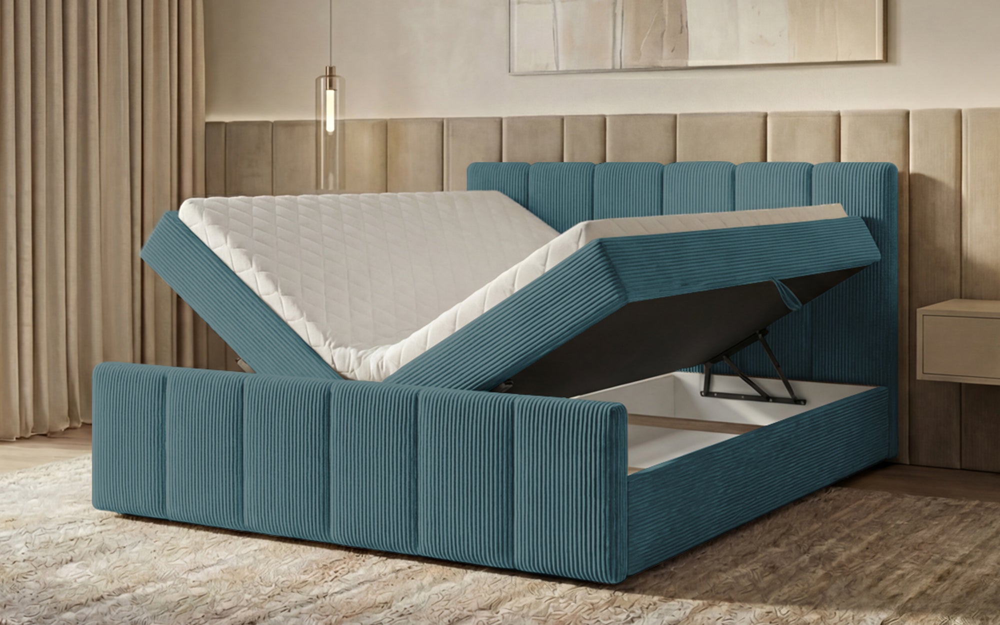 Siena box spring bed with lift-up storage in Corduroy