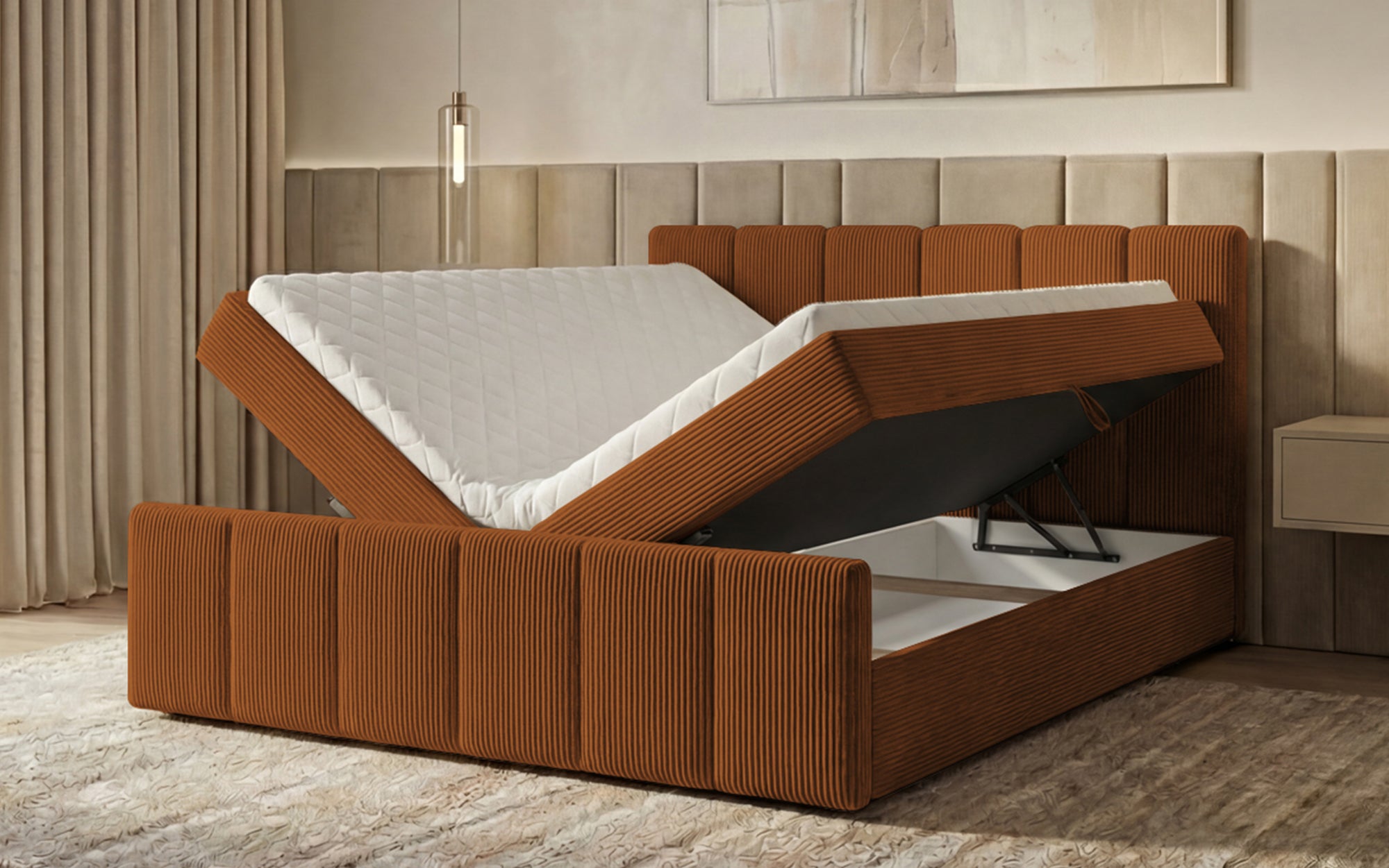 Siena box spring bed with lift-up storage in Corduroy