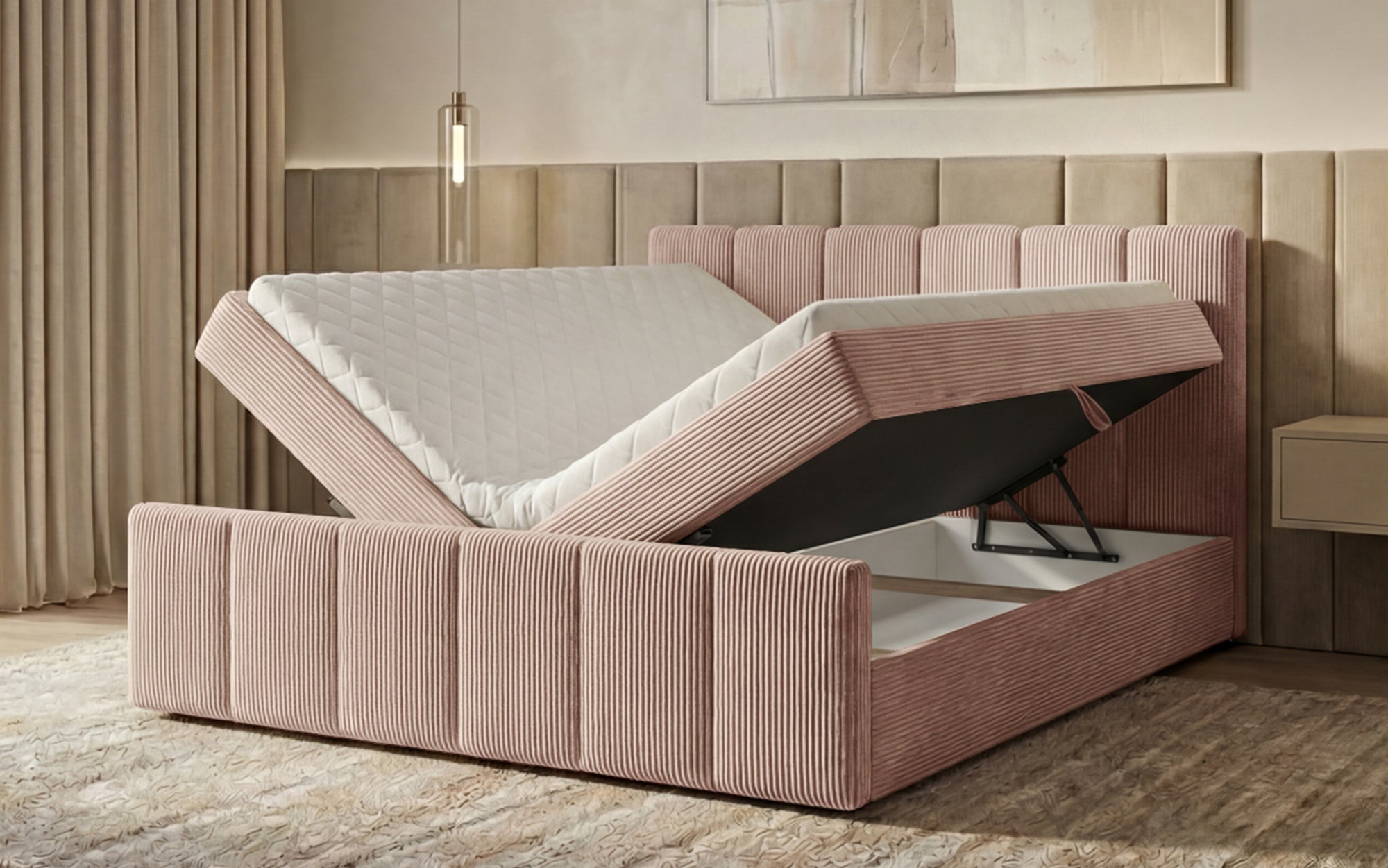 Siena box spring bed with lift-up storage in Corduroy