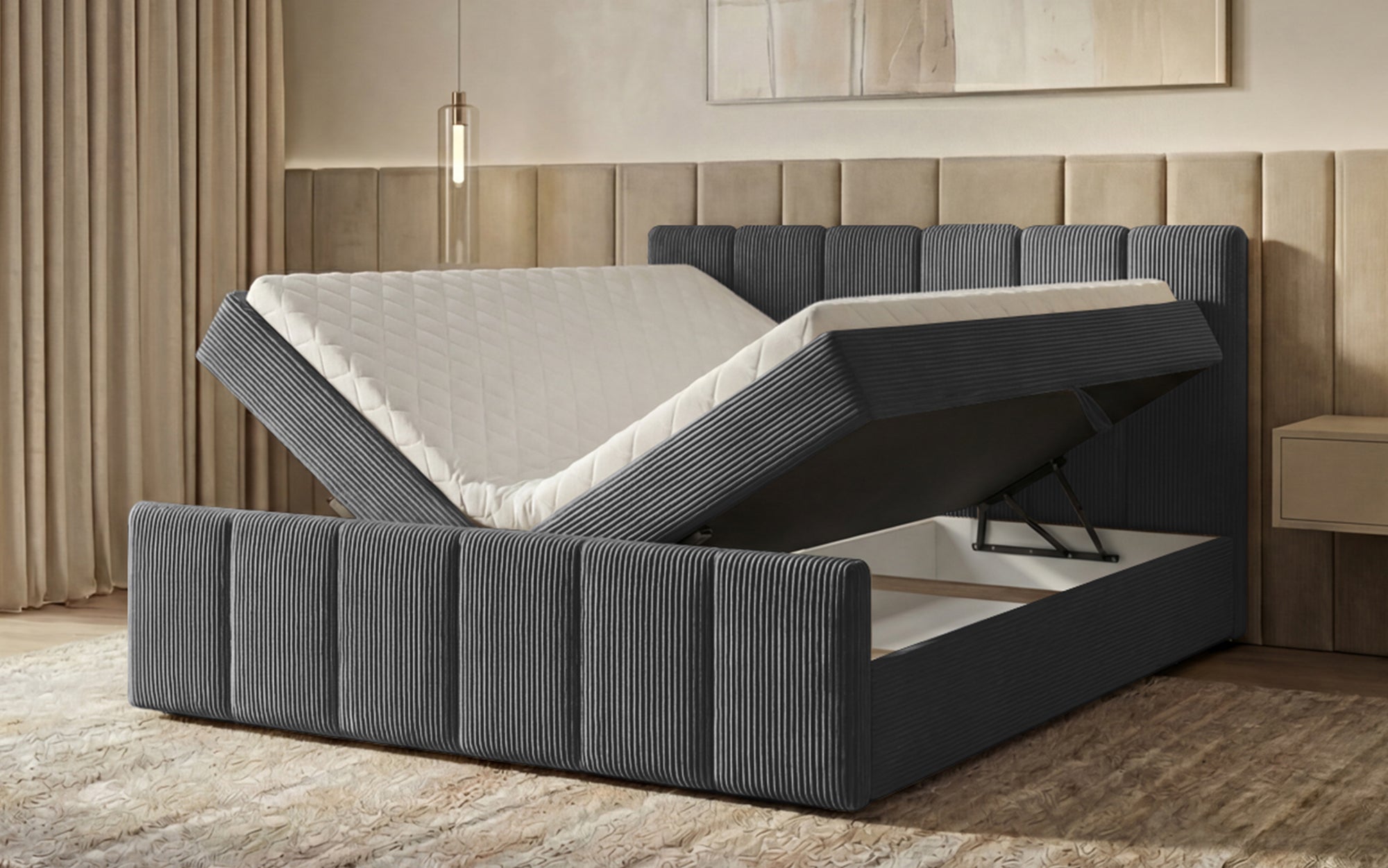 Siena box spring bed with lift-up storage in Corduroy