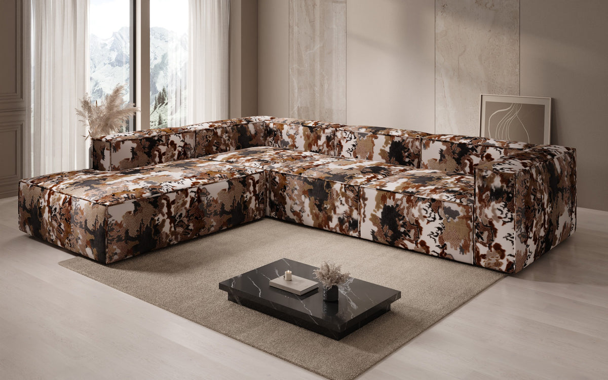Designer Ecksofa Lesley mit langer Ottomane - Jacquard mit Aquarell-Muster