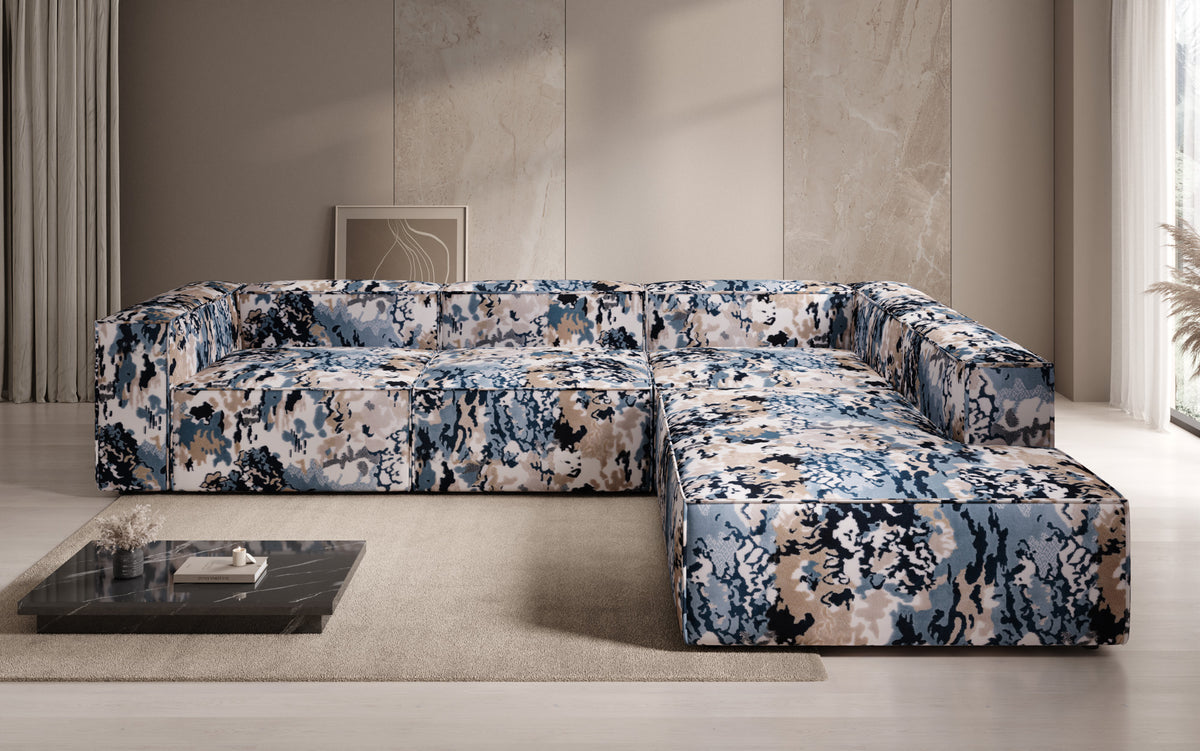 Designer Ecksofa Lesley mit langer Ottomane - Jacquard mit Aquarell-Muster