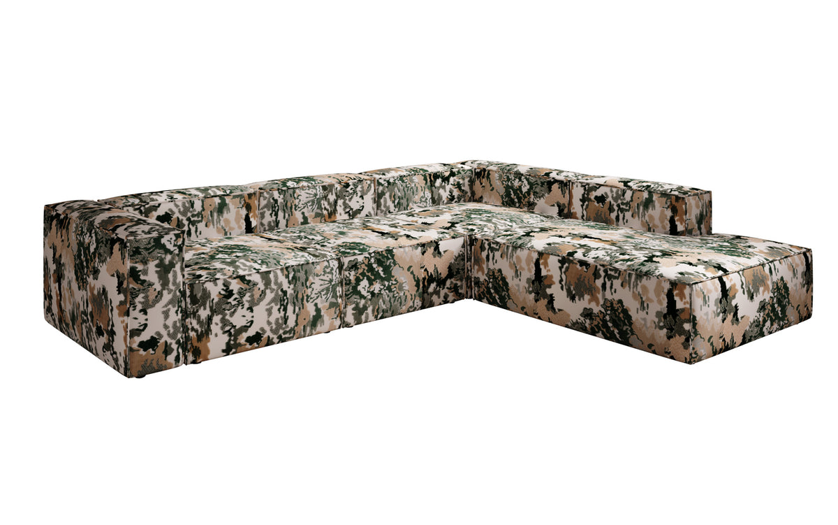 Designer Ecksofa Lesley mit langer Ottomane - Jacquard mit Aquarell-Muster