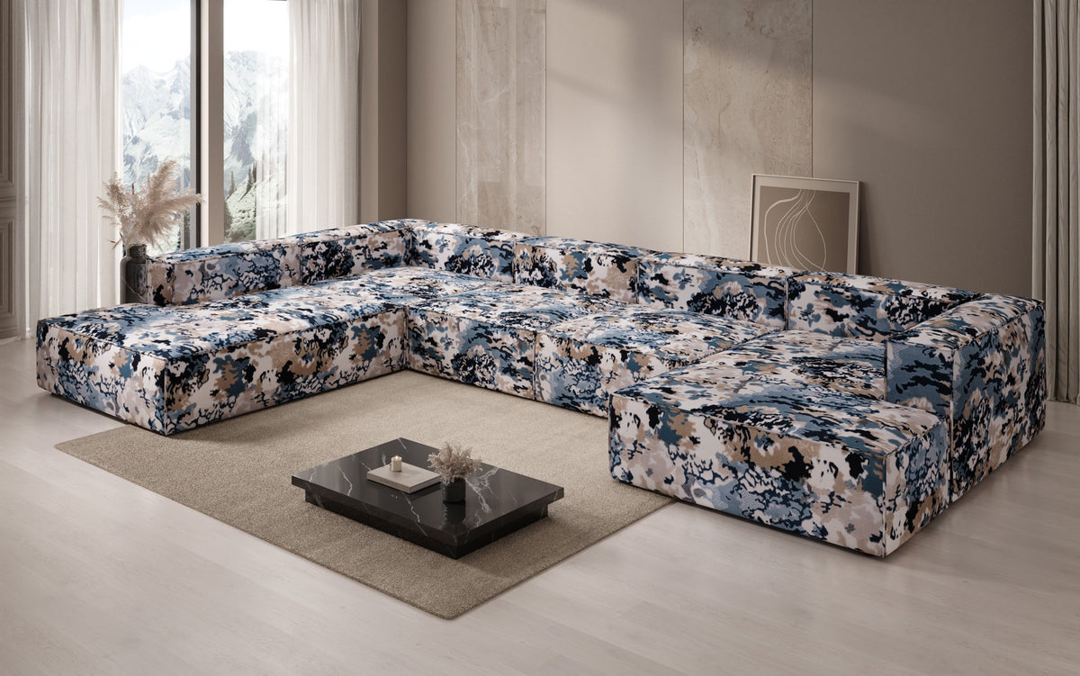 Designer sofa Lesley U XXL - jacquard with watercolor pattern