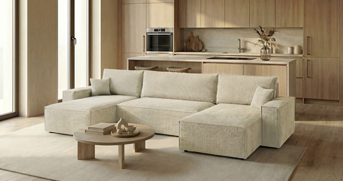 Designer Sofa Lunaro U Mini mit Schlaffunktion und Stauraum in Cord