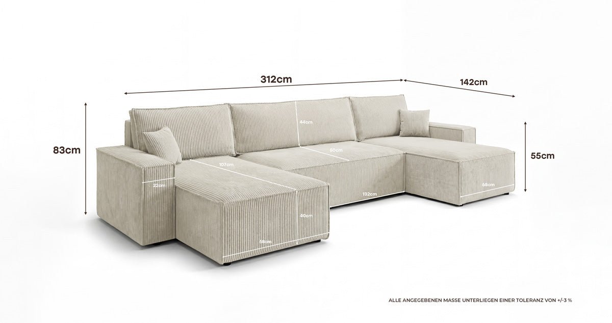 Designer Sofa Lunaro U Mini mit Schlaffunktion und Stauraum in Cord