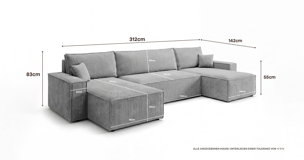 Designer Sofa Lunaro U Mini mit Schlaffunktion und Stauraum in Cord