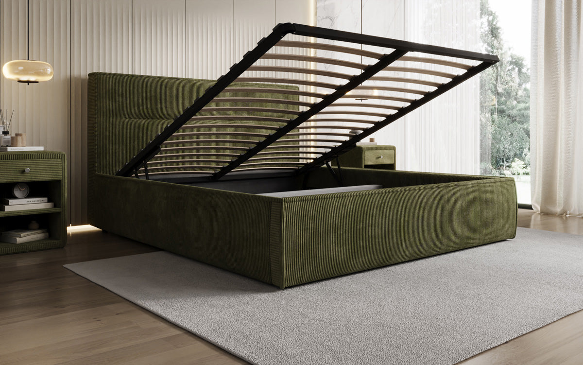 Designer upholstered bed Merry in Corduroy with storage