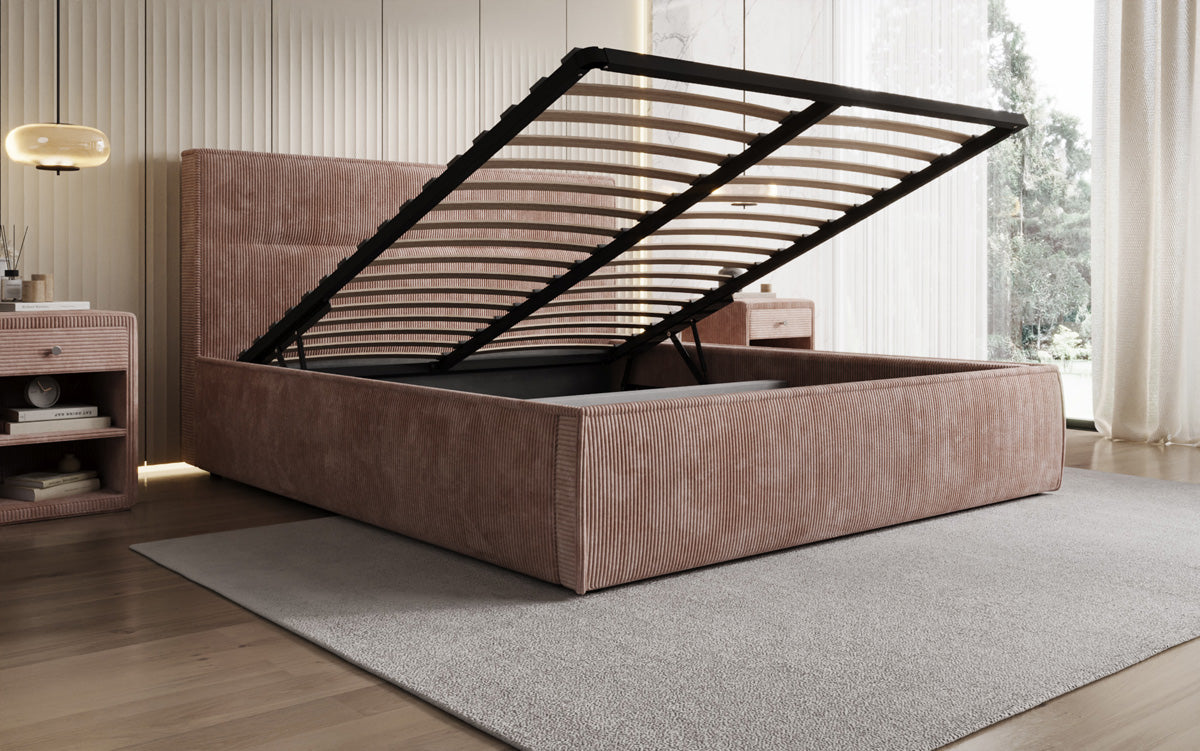 Designer upholstered bed Merry in Corduroy with storage