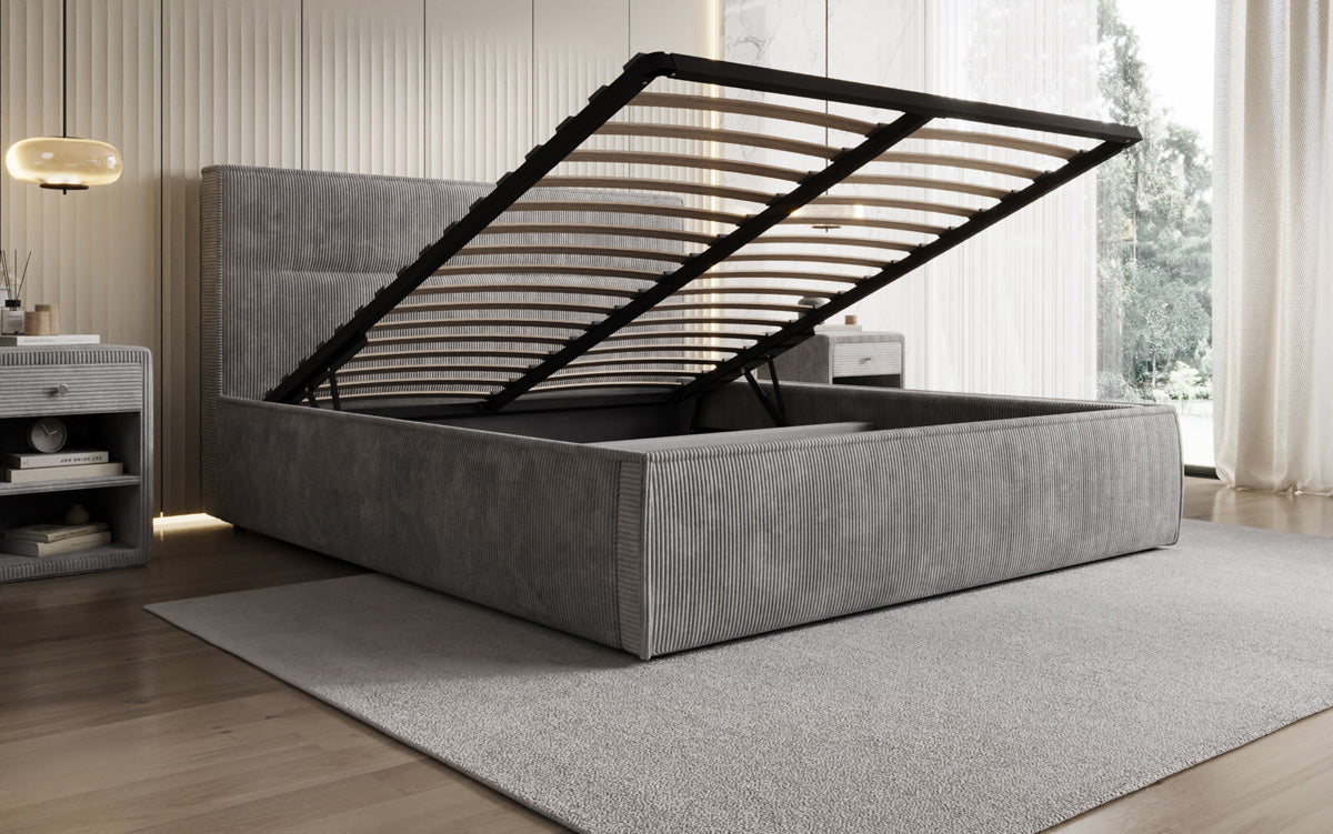 Designer upholstered bed Merry in Corduroy with storage
