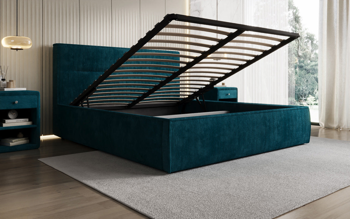 Designer upholstered bed Merry in Corduroy with storage