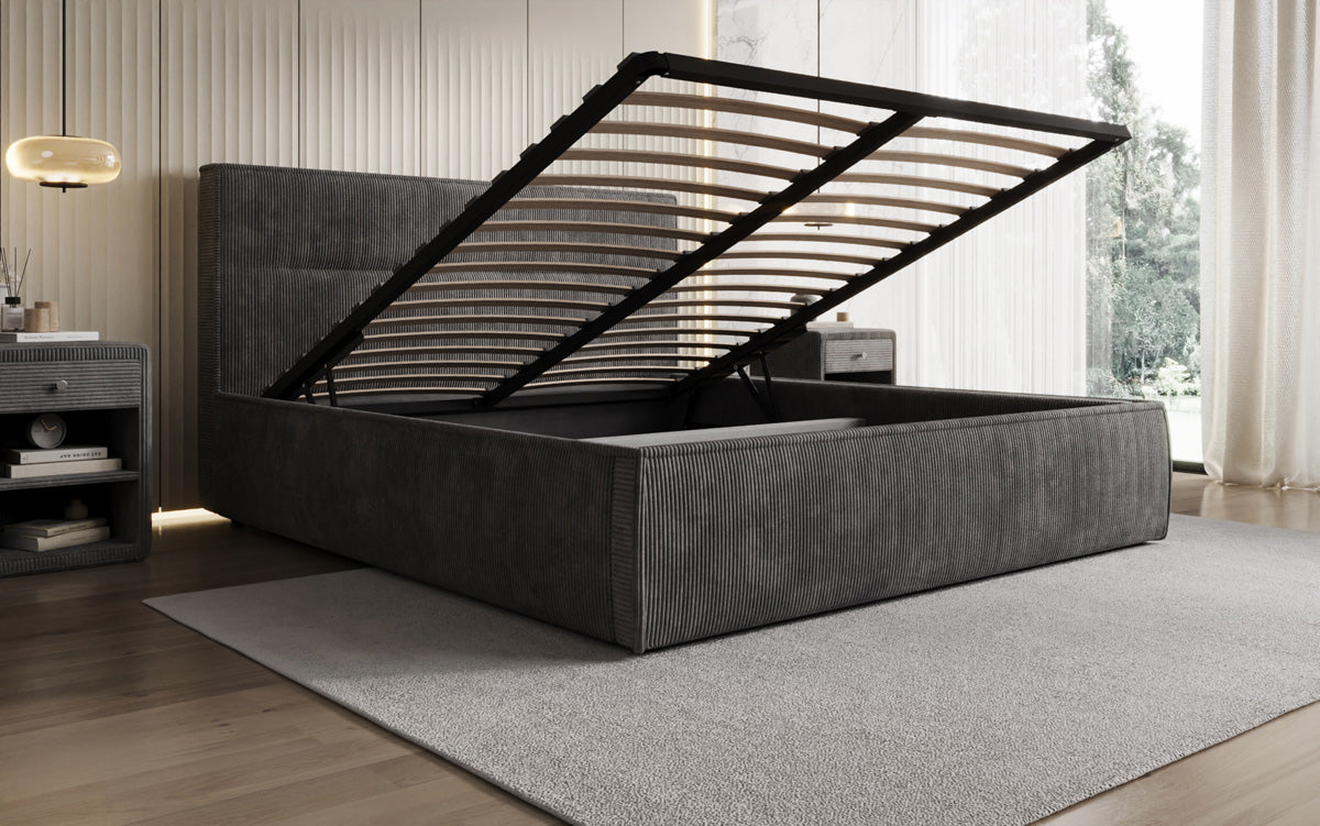 Designer upholstered bed Merry in Corduroy with storage