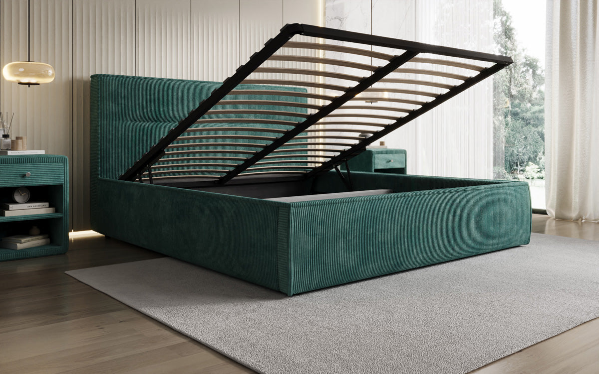 Designer upholstered bed Merry in Corduroy with storage