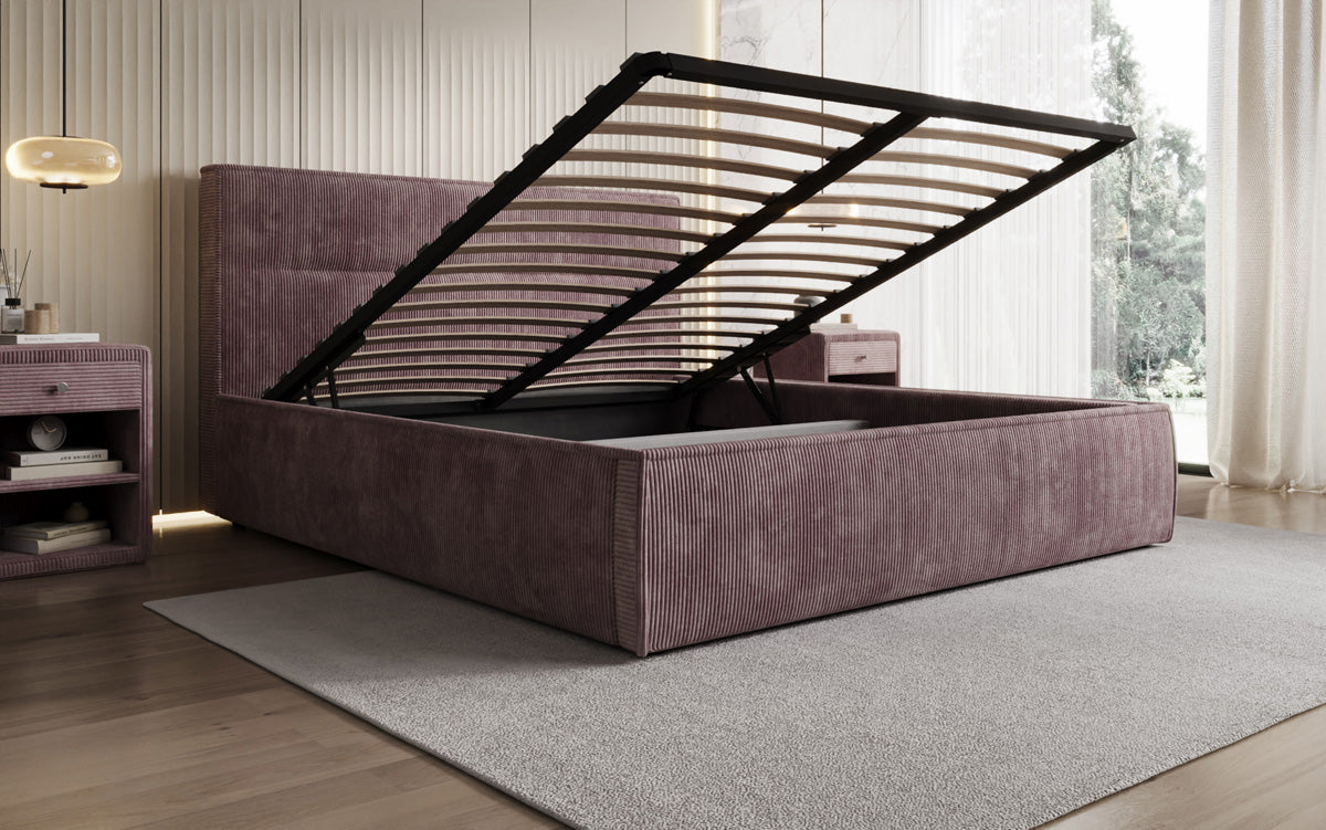 Designer upholstered bed Merry in Corduroy with storage