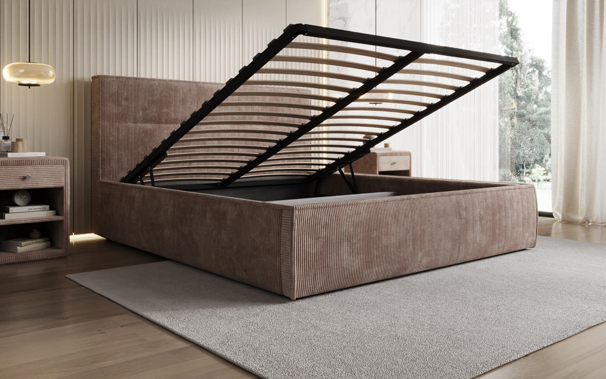 Designer upholstered bed Merry in Corduroy with storage