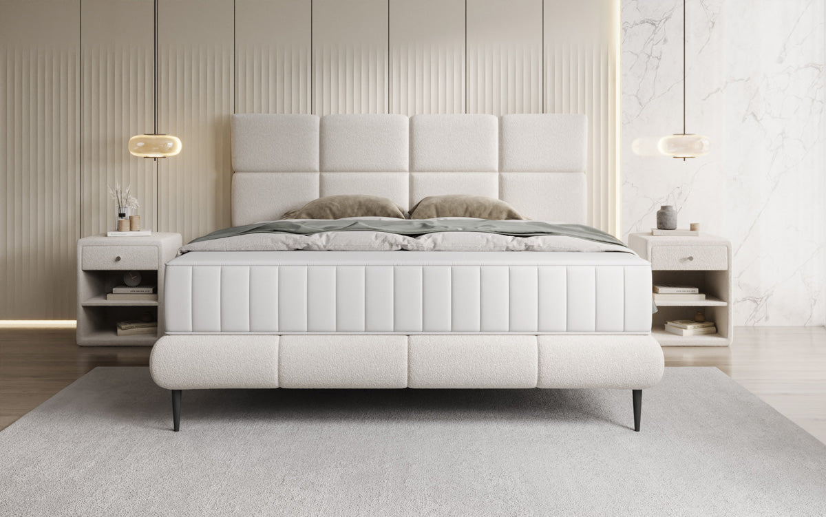 Nessa box spring bed with high legs in teddy bouclé