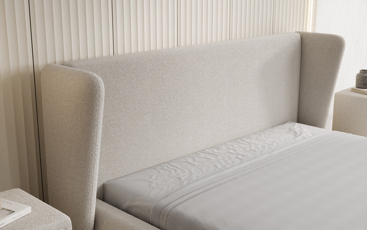 Designer upholstered bed Rosalie in teddy bouclé with storage