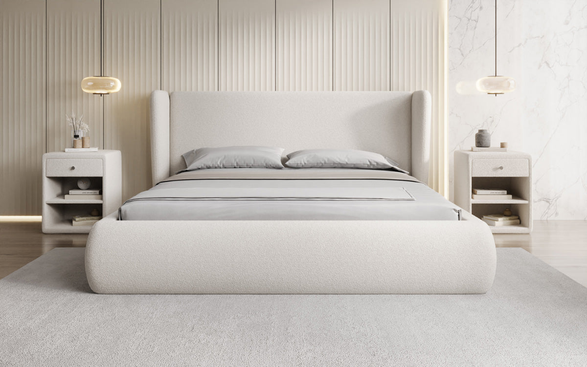 Designer upholstered bed Rosalie in teddy bouclé with storage