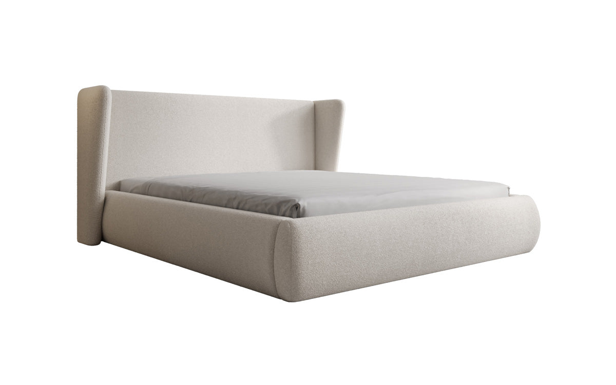 Designer upholstered bed Rosalie in teddy bouclé with storage