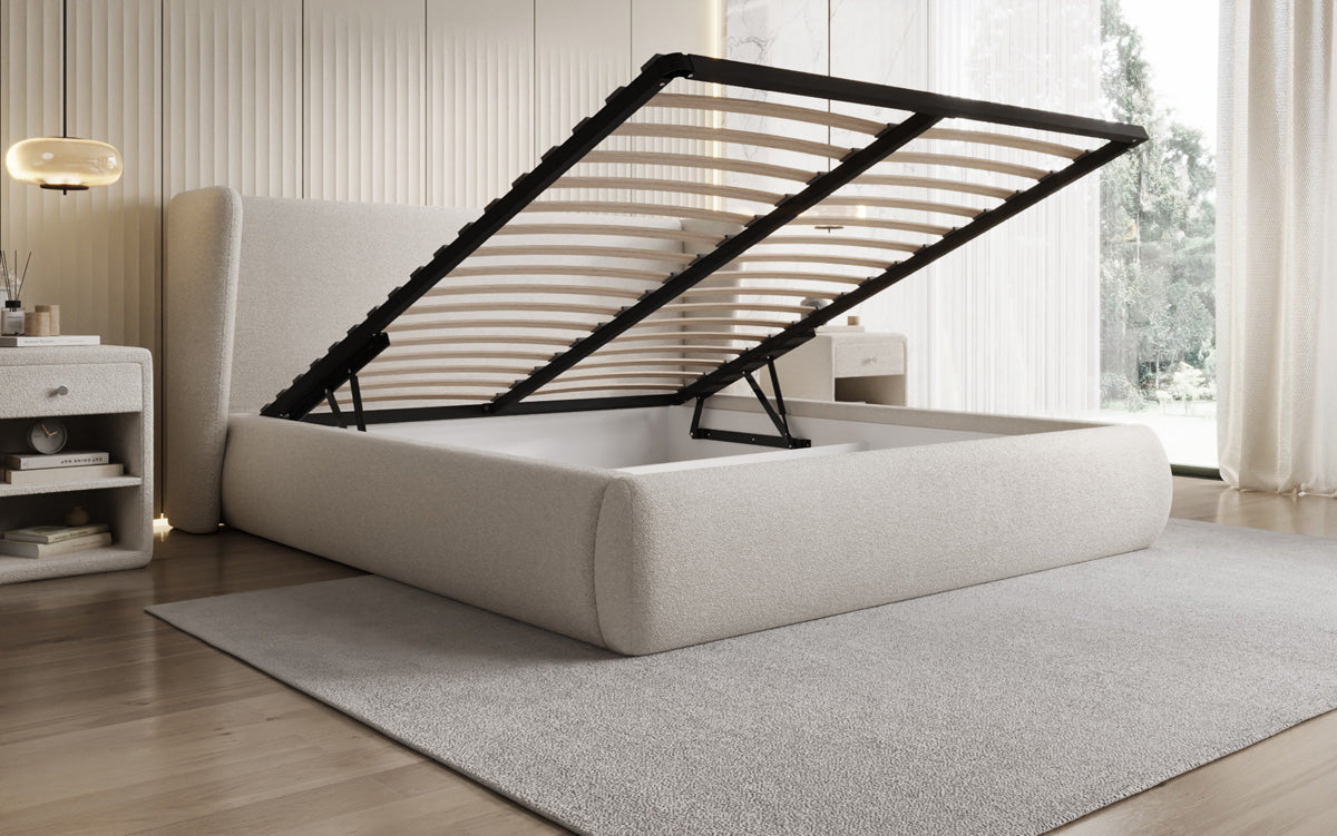 Designer upholstered bed Rosalie in teddy bouclé with storage