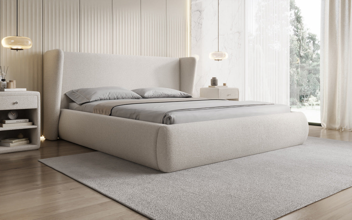 Designer upholstered bed Rosalie in teddy bouclé with storage