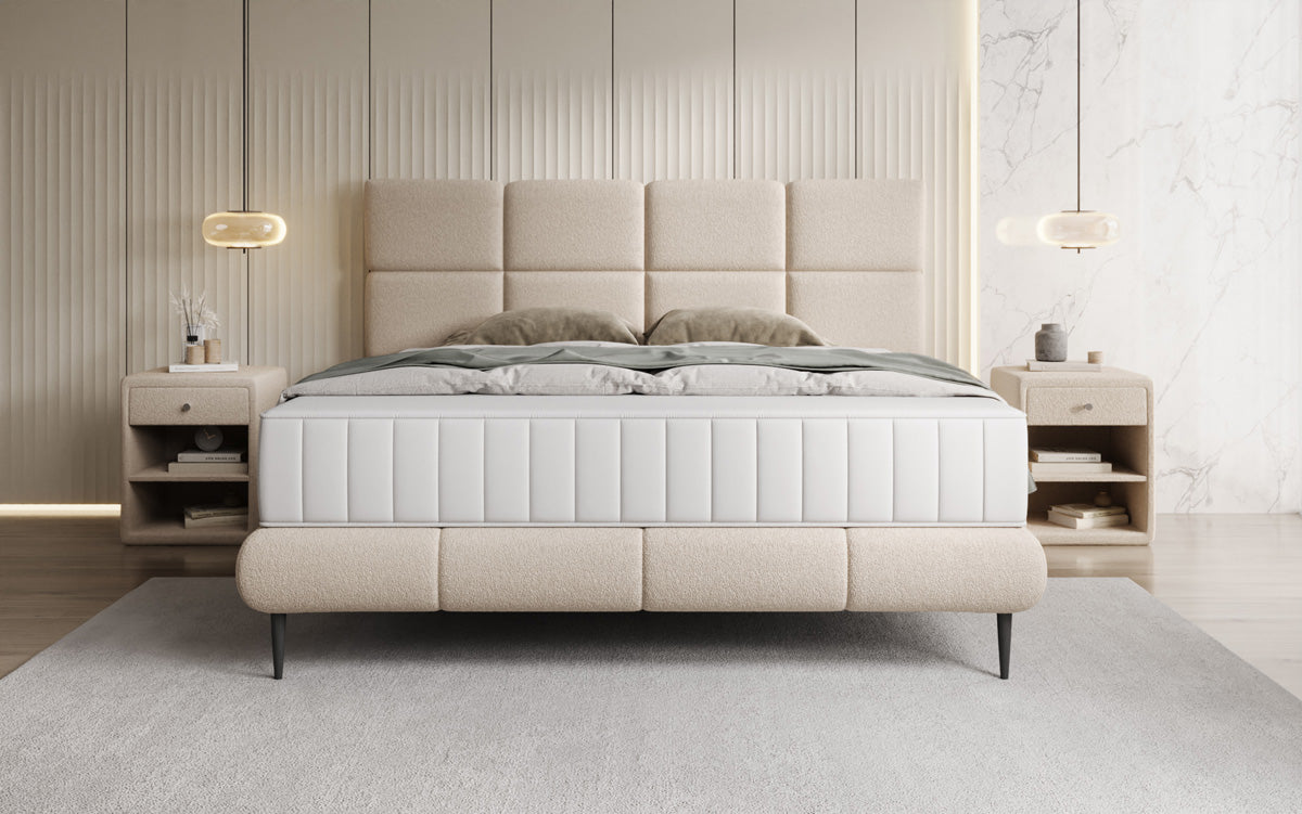 Nessa box spring bed with high legs in teddy bouclé