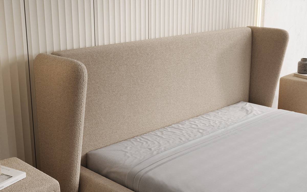 Designer upholstered bed Rosalie in teddy bouclé with storage