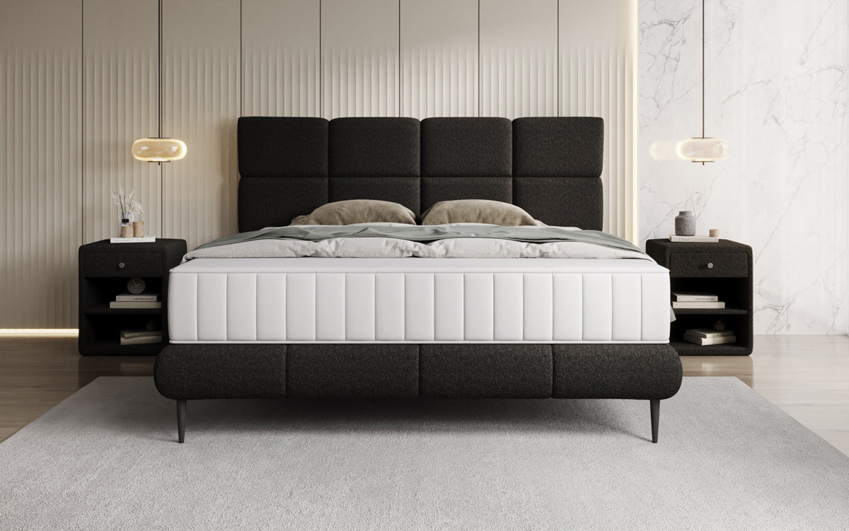 Nessa box spring bed with high legs in teddy bouclé