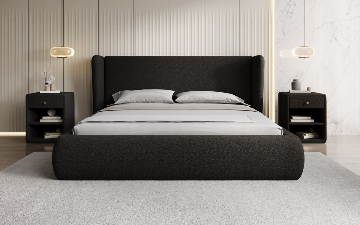 Designer upholstered bed Rosalie in teddy bouclé with storage