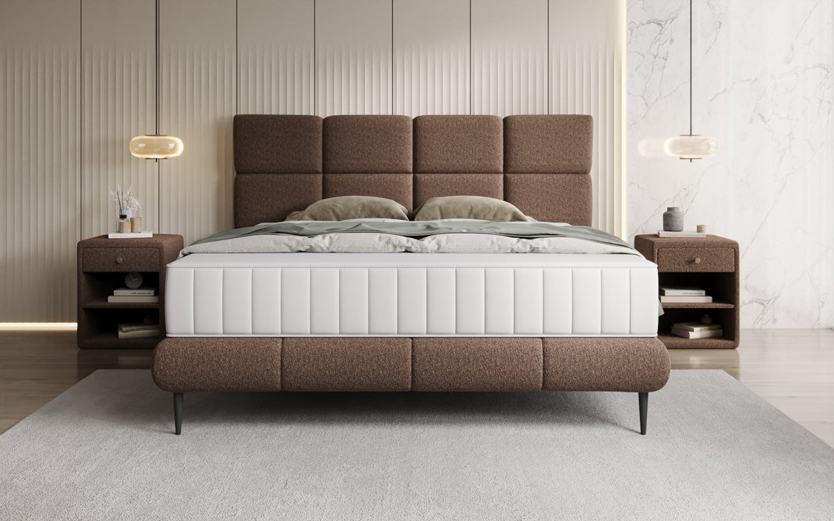 Nessa box spring bed with high legs in teddy bouclé