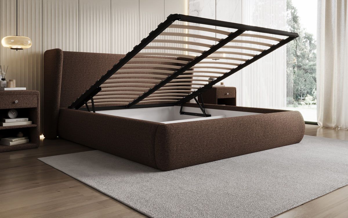 Designer upholstered bed Rosalie in teddy bouclé with storage