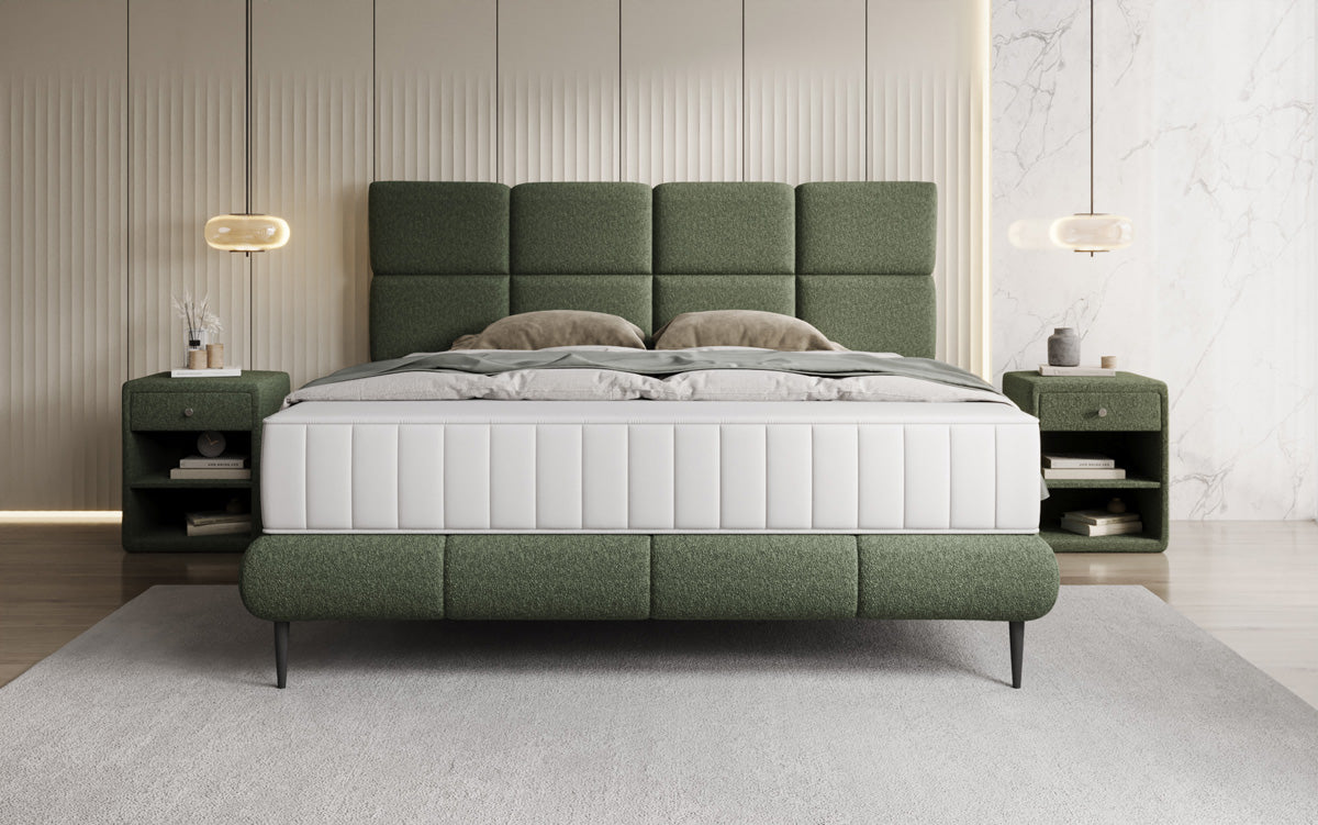 Nessa box spring bed with high legs in teddy bouclé