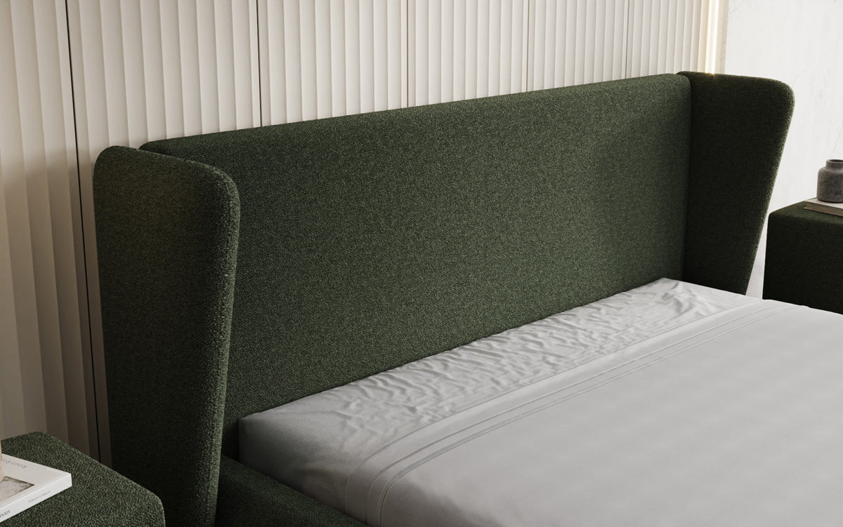 Designer upholstered bed Rosalie in teddy bouclé with storage