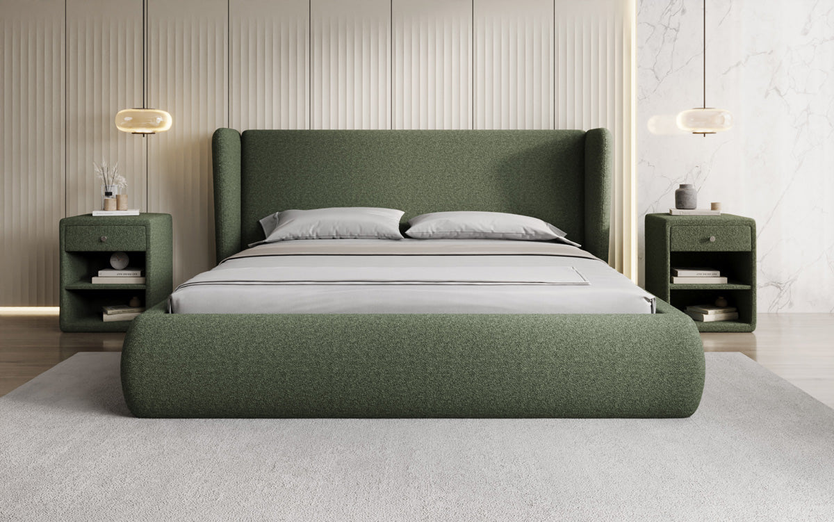 Designer upholstered bed Rosalie in teddy bouclé with storage