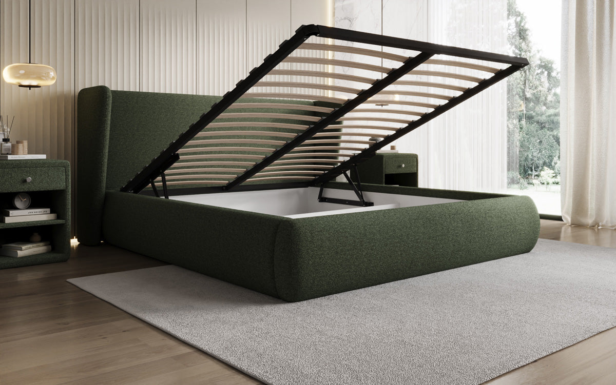 Designer upholstered bed Rosalie in teddy bouclé with storage