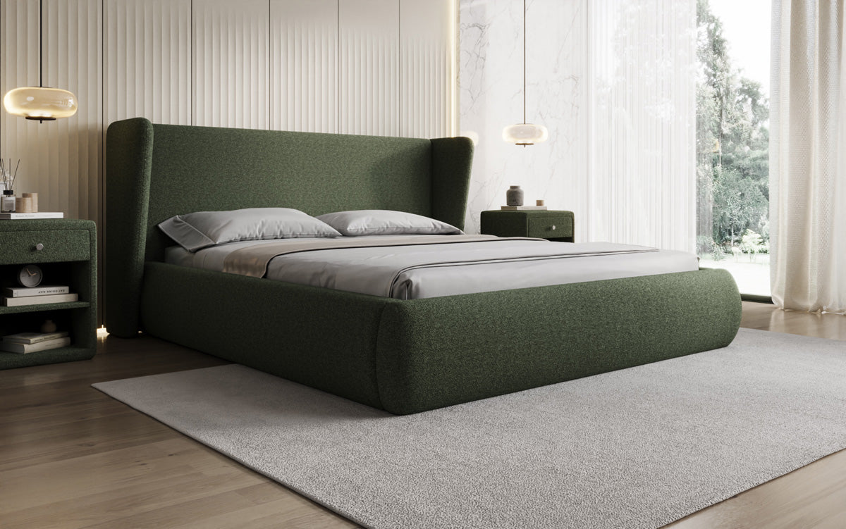 Designer upholstered bed Rosalie in teddy bouclé with storage