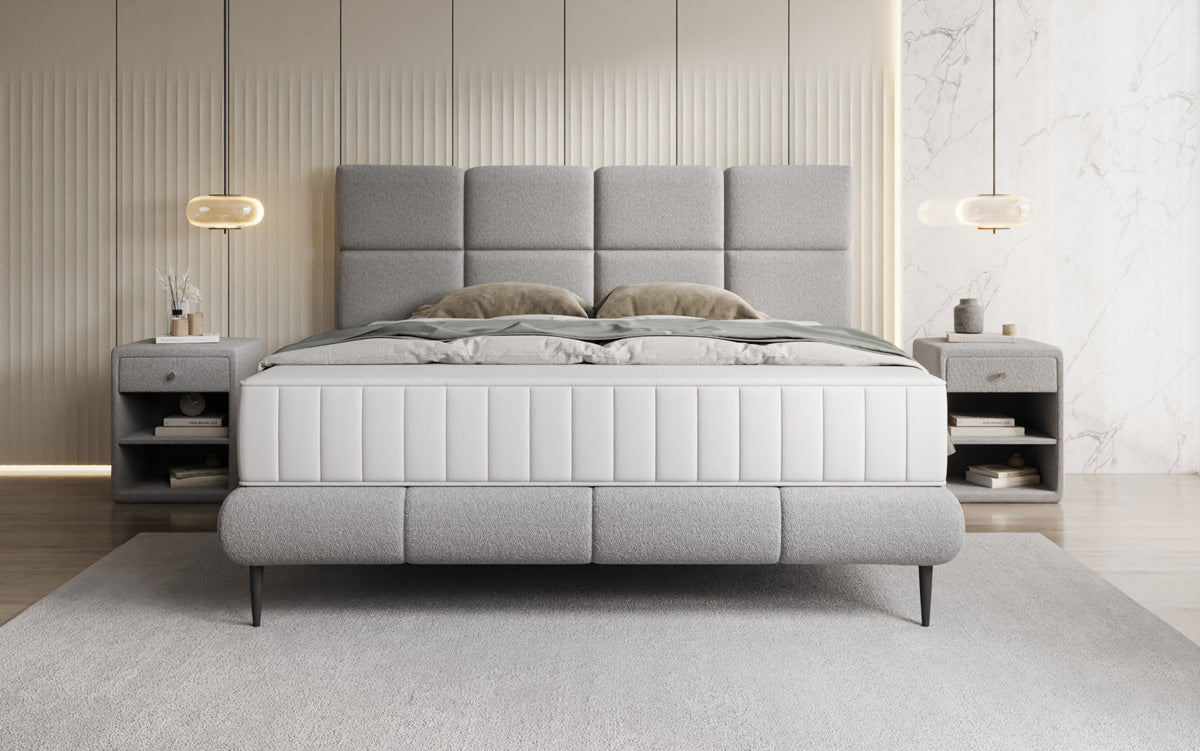 Nessa box spring bed with high legs in teddy bouclé