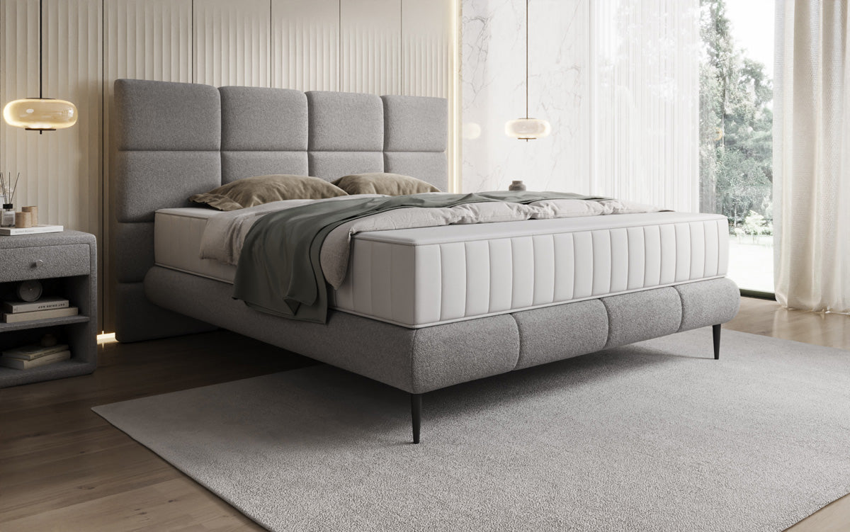 Nessa box spring bed with high legs in teddy bouclé