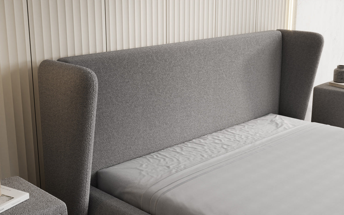 Designer upholstered bed Rosalie in teddy bouclé with storage