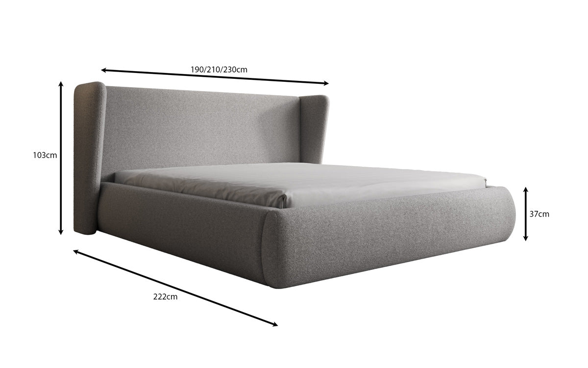 Designer upholstered bed Rosalie in teddy bouclé with storage