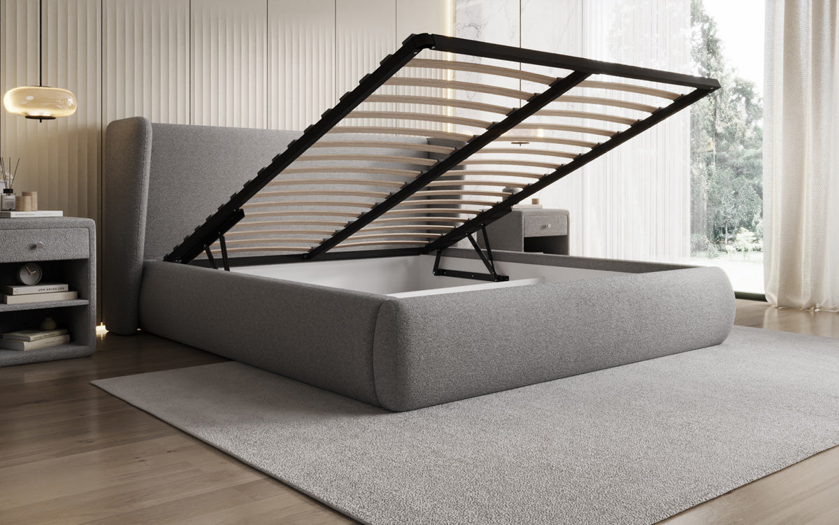 Designer upholstered bed Rosalie in teddy bouclé with storage