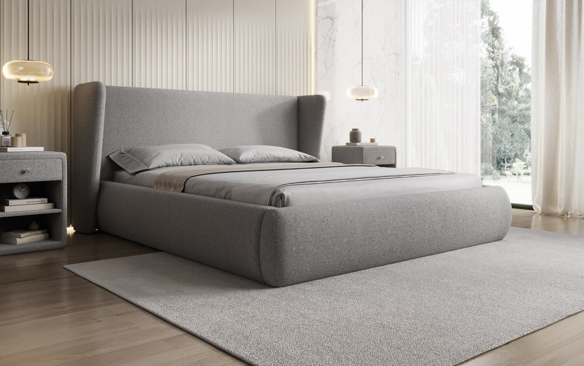 Designer upholstered bed Rosalie in teddy bouclé with storage